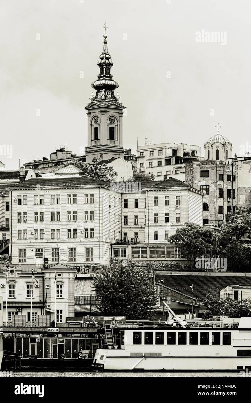 black and white cityscape Belgrade, capital of Serbia Stock Photo