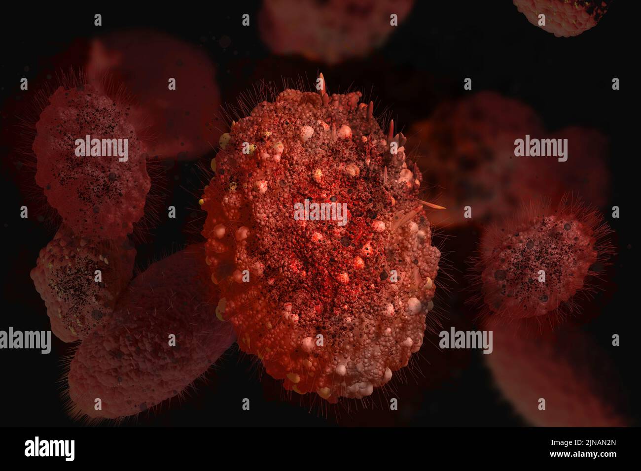 Monkeypox virus. Pathogen closeup microscopic view. 3D render illustration. Stock Photo