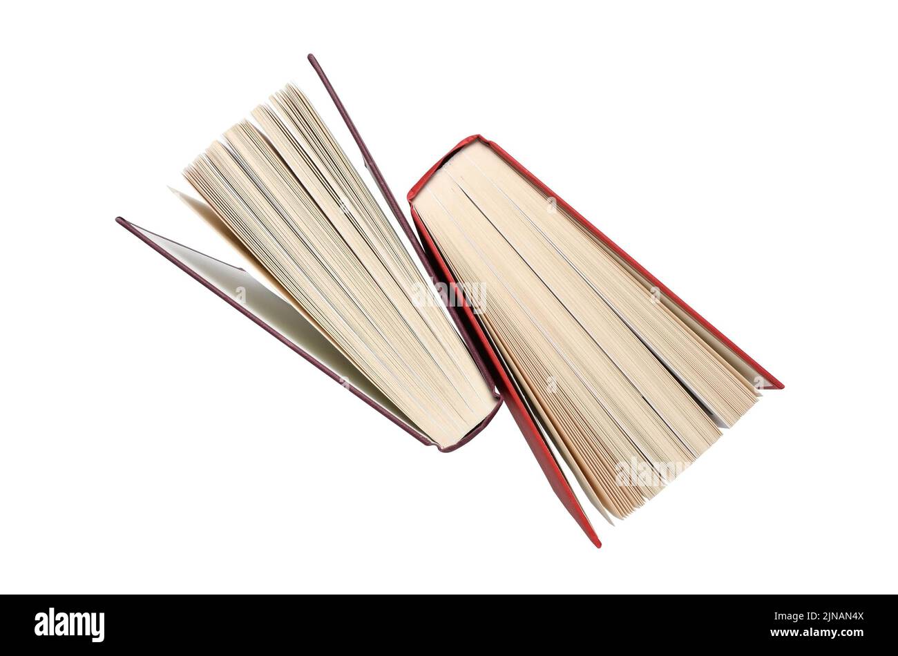 Two hardback books stood on end looking down from the top. Isolated on white background with clipping path Stock Photo