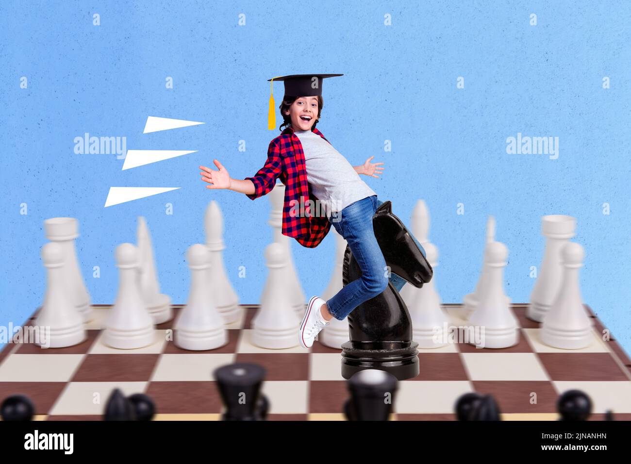 Composite collage of happy excited small boy ride chess knight horse figure chessboard isolated on creative background Stock Photo