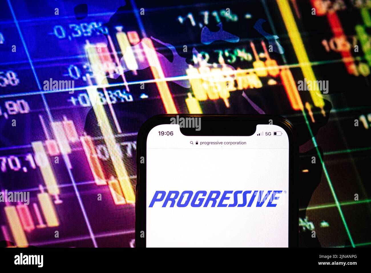 KONSKIE, POLAND - August 09, 2022: Smartphone displaying logo of Progressive company on stock exchange diagram background Stock Photo