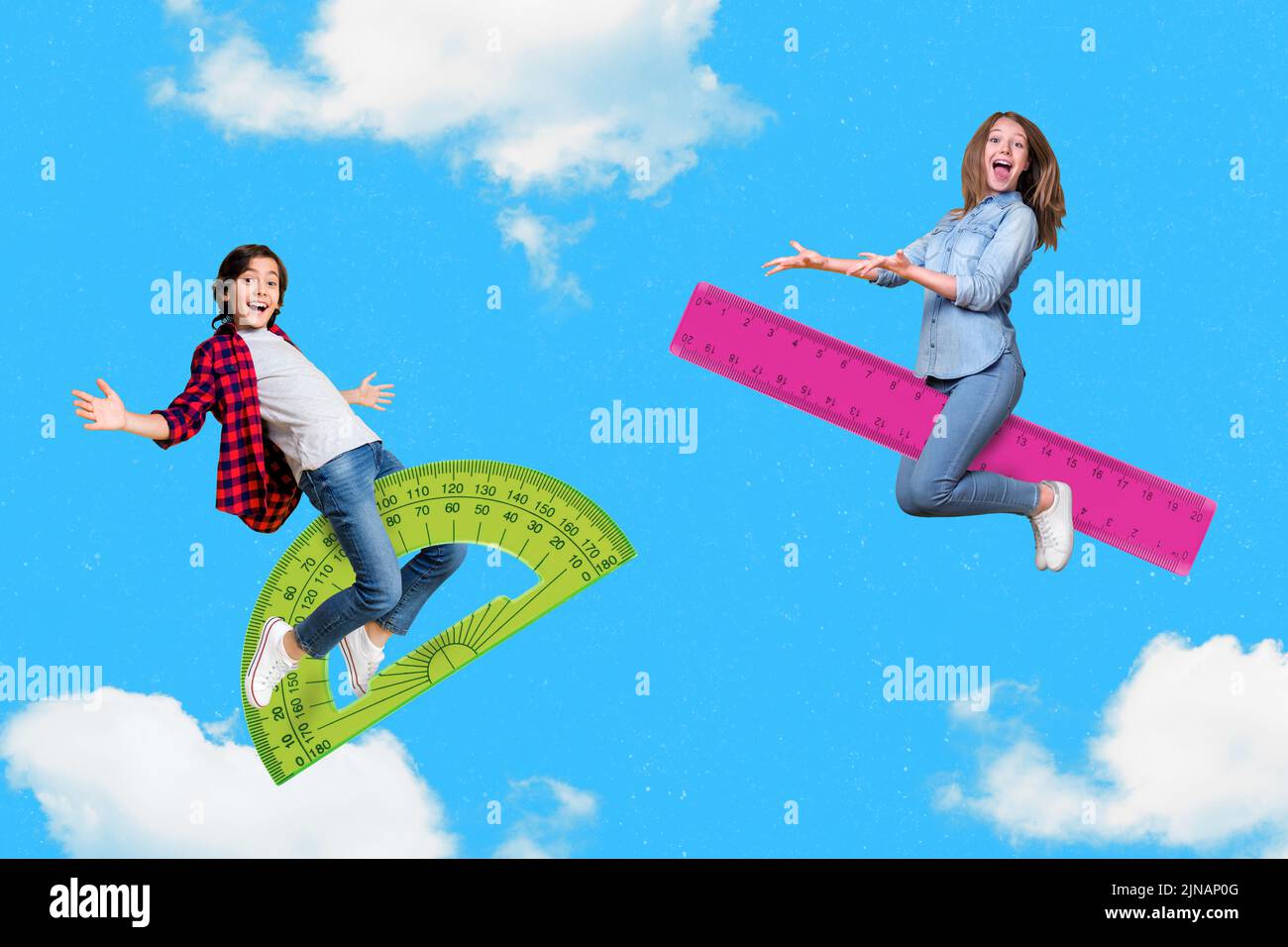 Composite collage picture of two excited small kids sit protractor ...