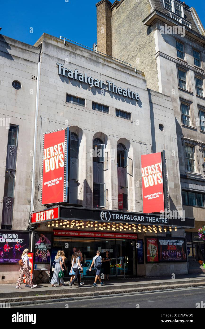Jersey Boys advertising outside Trafalgar Theatre in Whitehall, Westminster, London, UK. Stock Photo