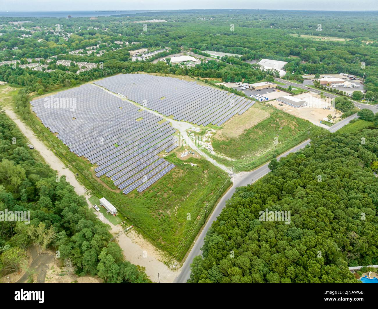 aerial view of a solar panel array in Commack, NY Stock Photo