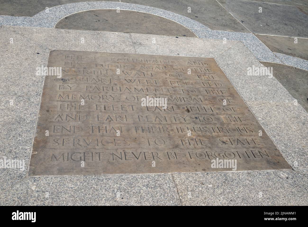Memorial inscription set in the floor of Trafalgar Square to honour the fountain memorials to Lord Jellicoe and Lord Beatty. Admirals of the fleet Stock Photo