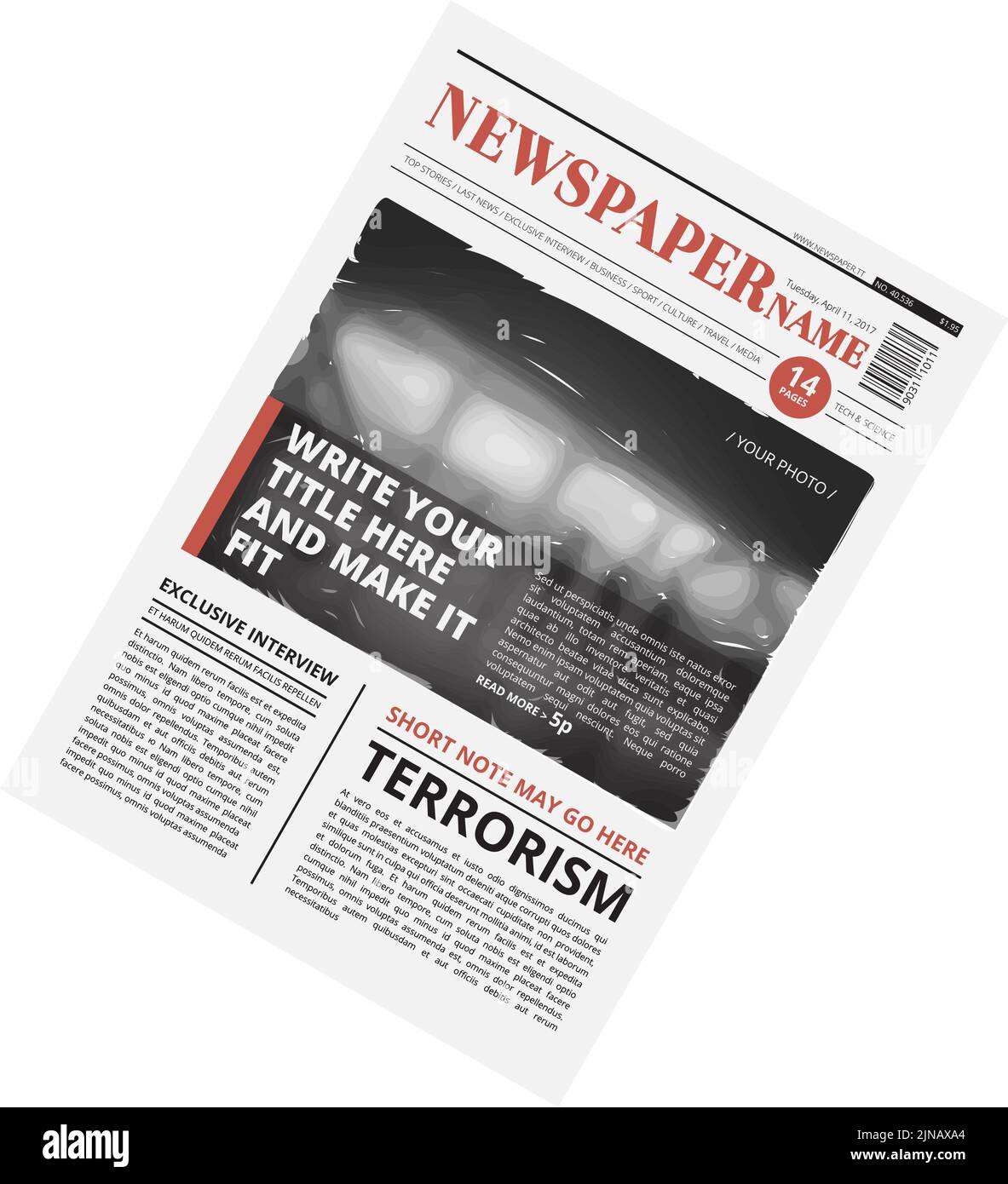 Newspaper mockup. Front page with photo and text columns layout Stock Vector