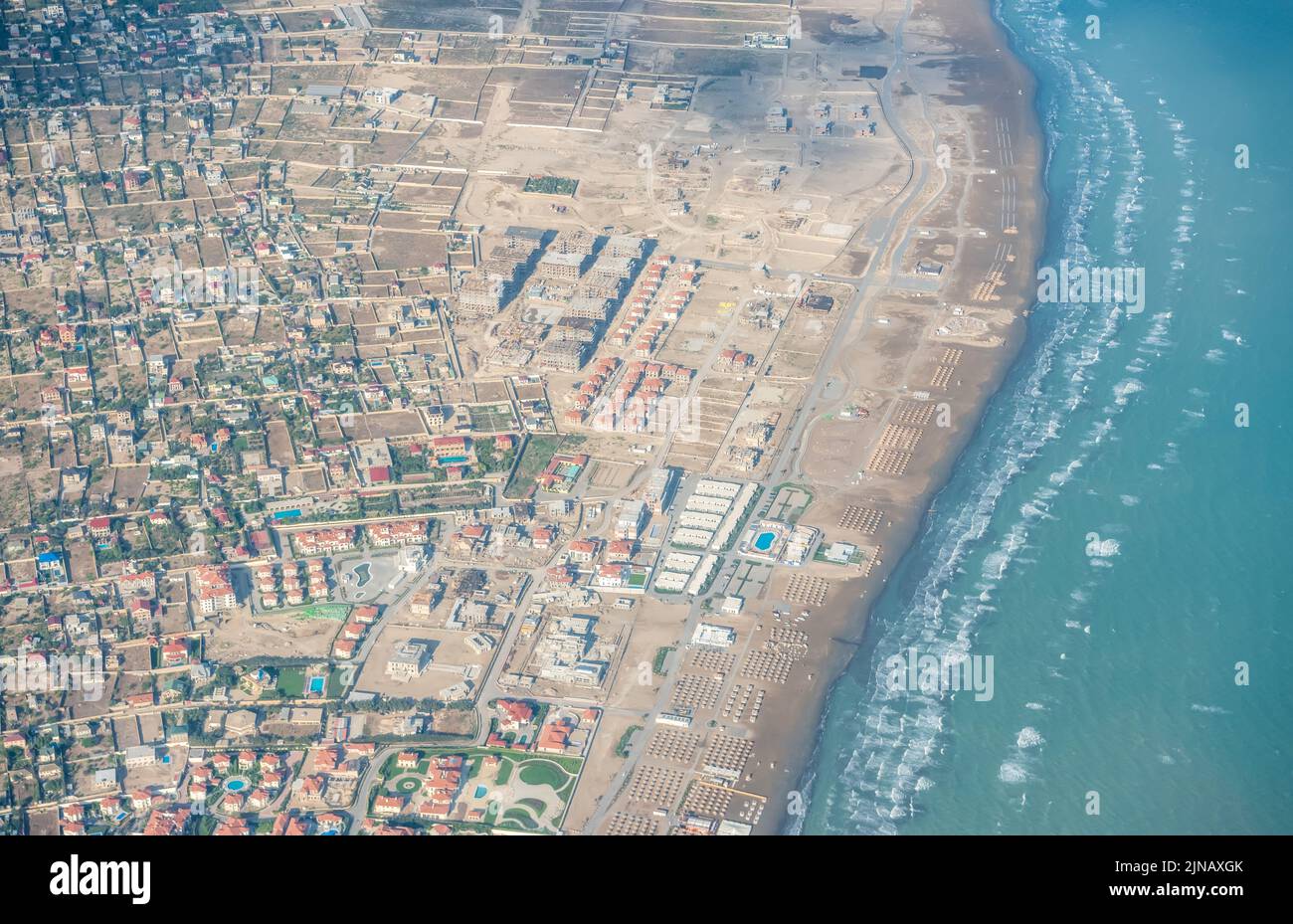 Baku, Azerbaijan – August 10, 2022. View over the Caspian coast in Nardaran settlement north of Baku. Stock Photo
