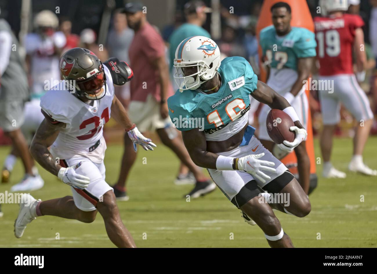 Tampa, United States. 10th Aug, 2022. Miami Dolphins' Mohamed Sanu Sr. (16) out runs Tampa Bay Buccaneers' Antoine Winfield Jr. (31) during a joint practice at the Buccaneer's training center in Tampa, Florida on Wednesday, August 10, 2022. Photo by Steve Nesius/UPI Credit: UPI/Alamy Live News Stock Photo