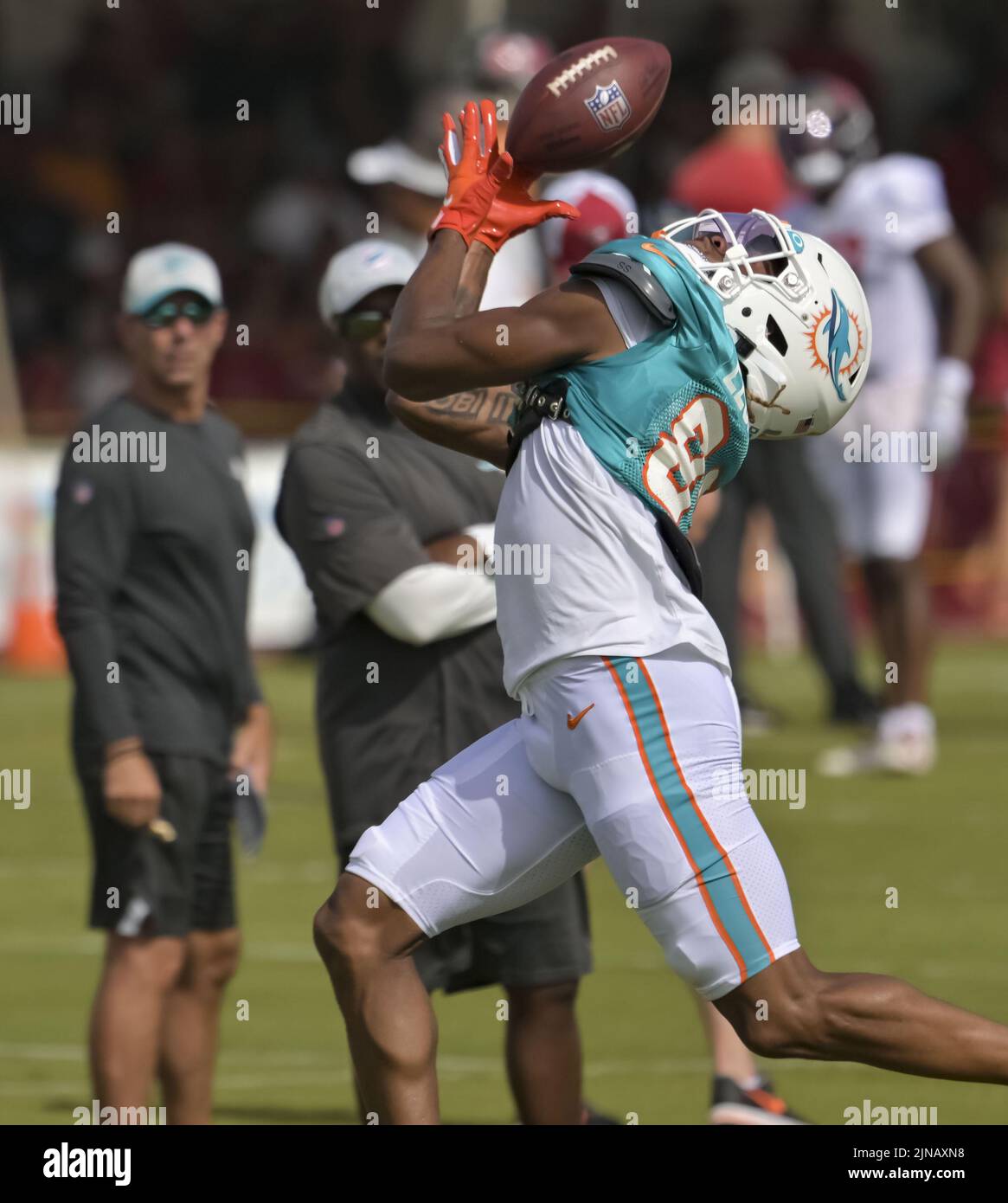 Tampa, United States. 10th Aug, 2022. Miami Dolphins' Erik Ezukanma grabs a pass during a joint practice with the Tampa Bay Buccaneers at the Buccaneer's training center in Tampa, Florida on Wednesday, August 10, 2022. Photo by Steve Nesius/UPI Credit: UPI/Alamy Live News Stock Photo