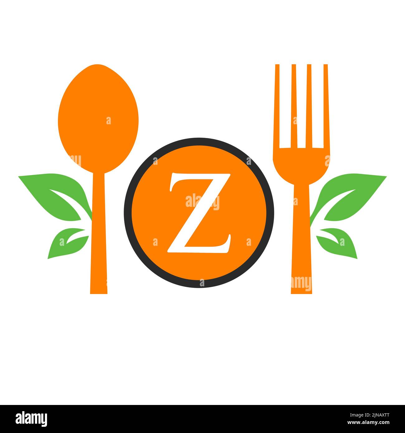 Restaurant Logo On Letter Z Template. Spoon and Fork, Leaf Symbol for Kitchen Sign, Cafe Icon, Restaurant, Cooking Business Vector Stock Vector