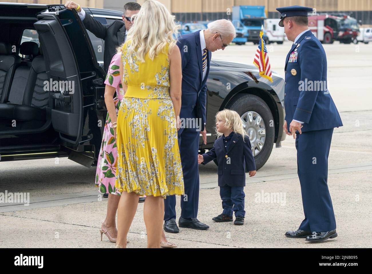 Washington, United States. 10th Aug, 2022. U.S.President Joe Biden, with his grandson Beau Biden Jr. and First Lady Jill Biden (L), walks to board Air Force One at Joint Base Andrews, Maryland, on Wednesday, August 10, 2022. Photo by Shawn Thew/UPI Credit: UPI/Alamy Live News Stock Photo