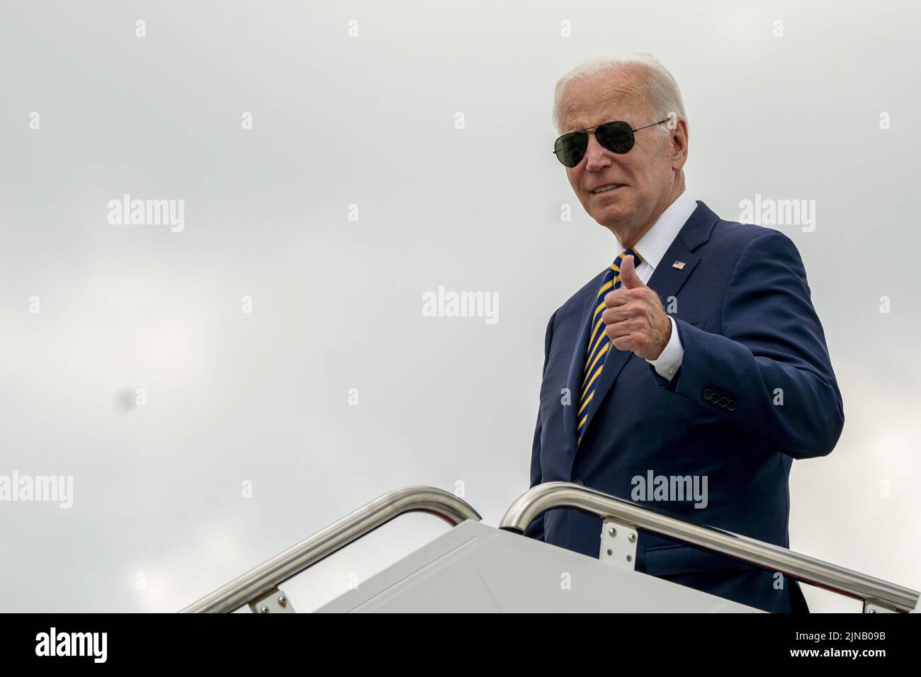 Washington, United States. 10th Aug, 2022. U.S.President Joe Biden waves as he boards Air Force One at Joint Base Andrews, Maryland, on Wednesday, August 10, 2022. Photo by Shawn Thew/UPI Credit: UPI/Alamy Live News Stock Photo
