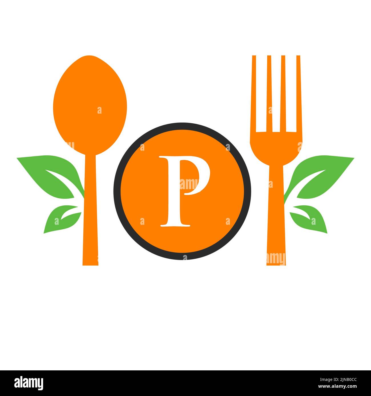 Restaurant Logo On Letter P Template. Spoon and Fork, Leaf Symbol for Kitchen Sign, Cafe Icon, Restaurant, Cooking Business Vector Stock Vector