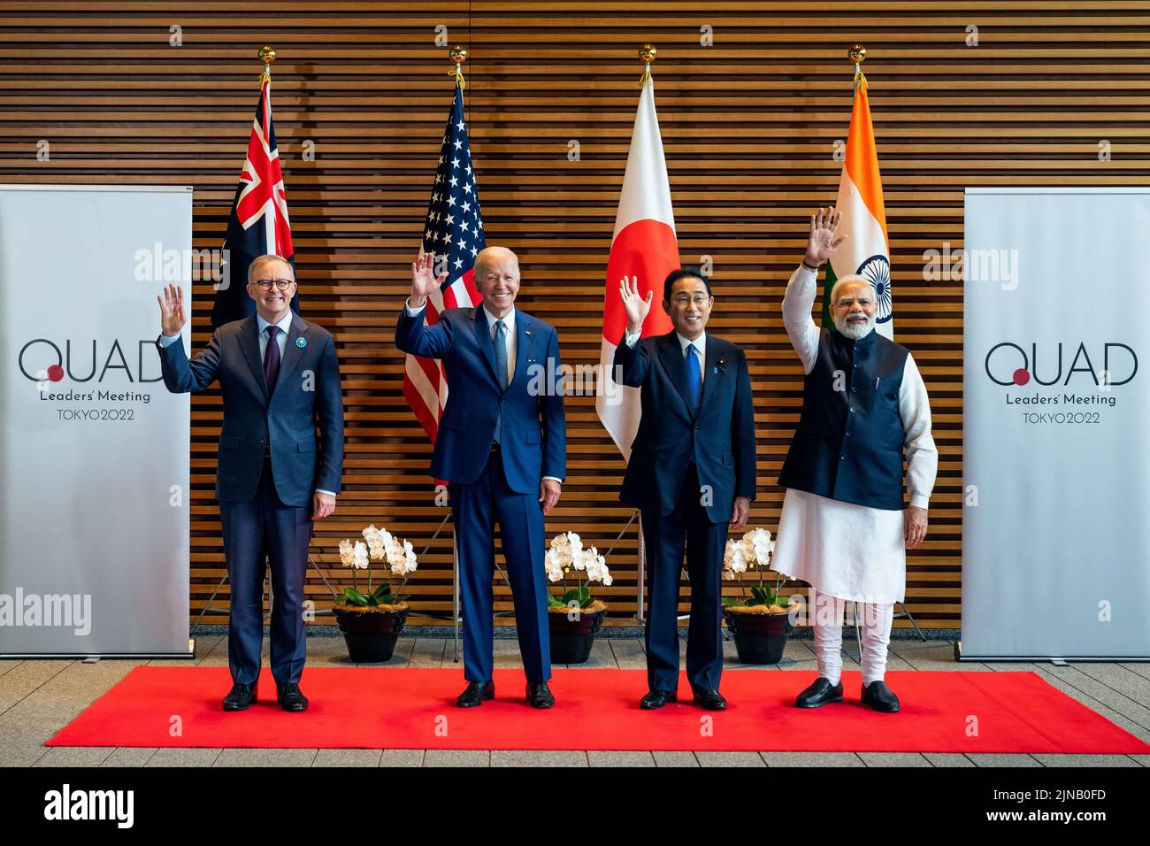 Tokyo, Japan. 24 May, 2022. Leaders of Quad stand together from left, Australian Prime Minister Anthony Albanese, U.S. President Joe Biden, Japanese Prime Minister Fumio Kishida, and Indian Prime Minister Narendra Modi, at the entrance hall of the Prime Minister Office, May 24, 2022, in Tokyo, Japan.  Credit: Cameron Smith/U.S. State Department/Alamy Live News Stock Photo