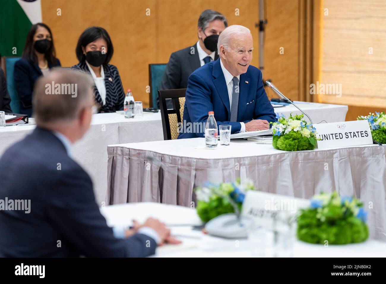 Tokyo, Japan. 24 May, 2022. U.S. President Joe Biden, center, delivers remarks during the Quad Leaders Summit at the Japanese Prime Minister residence of Kantei, May 24, 2022, in Tokyo, Japan.  Credit: Adam Schultz/U.S. State Department/Alamy Live News Stock Photo
