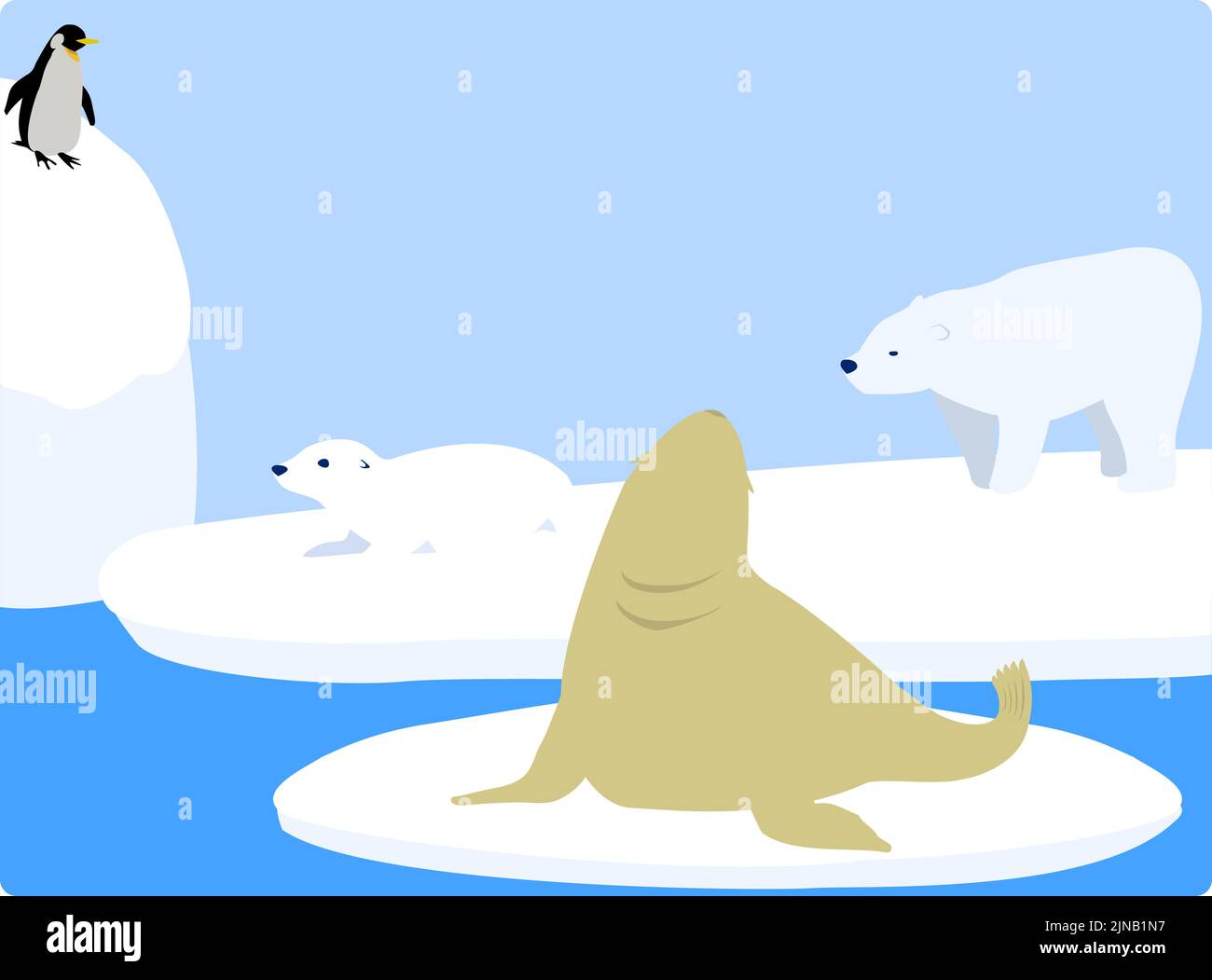 Drift ice, polar bears, penguins, sea lions, fur seals Stock Vector