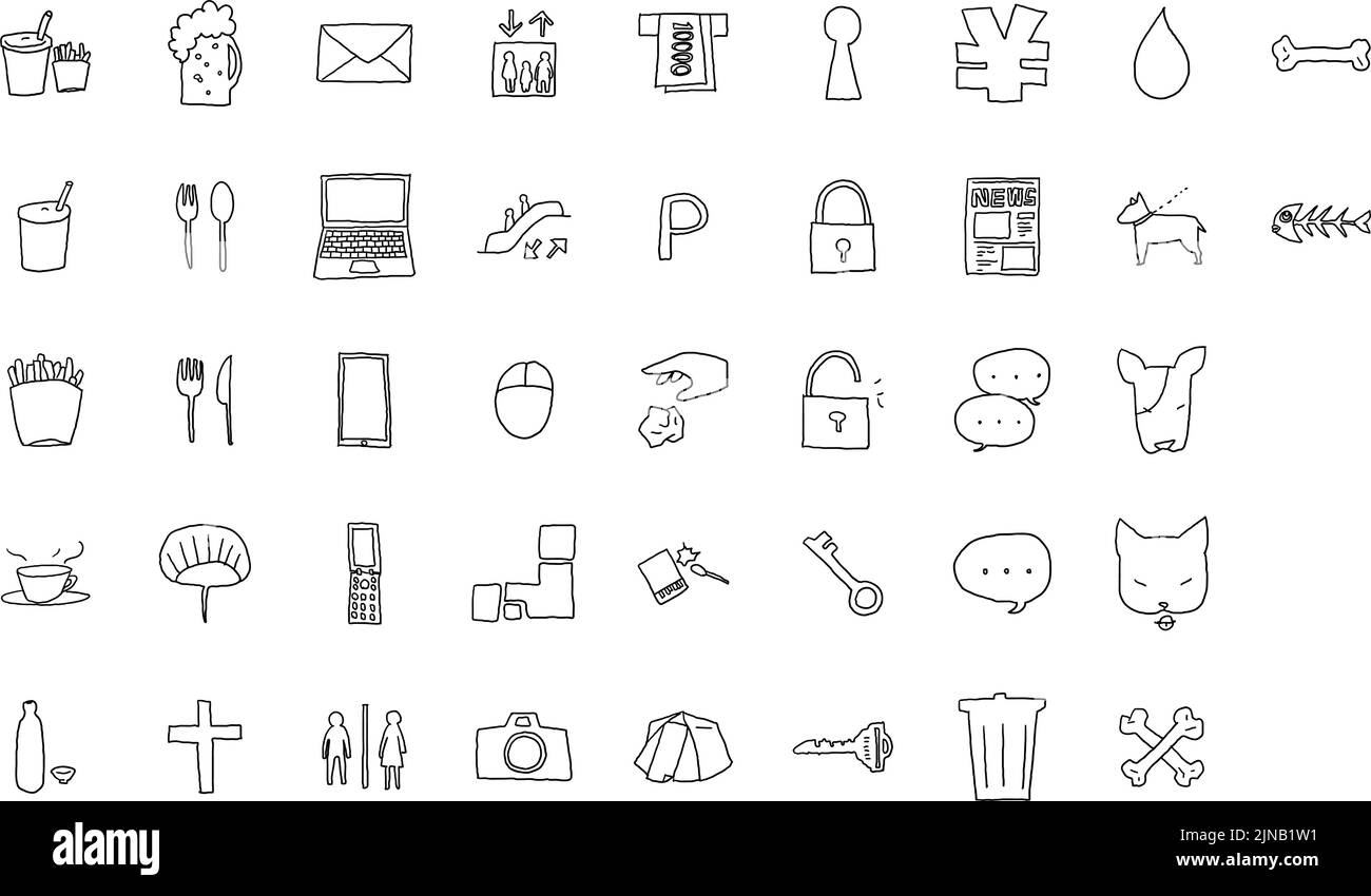 Hand-painted icon set 40 meals and personal computers, etc. Stock Vector
