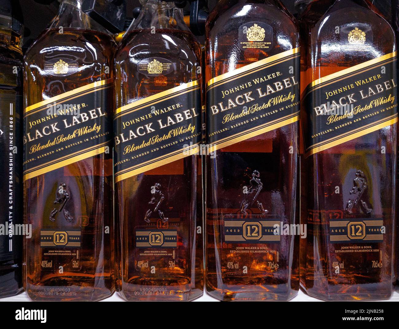 2019: the 12 years aged blended scotch whisky Johnie Walker (R) Black Label, bottles at sale Stock Photo