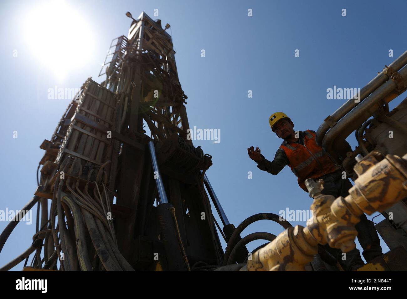 A worker prepares machinery to continue with the rescue operation for miners trapped in a coal mine that collapsed in Sabinas, in Coahuila state, Mexico, August 10, 2022. REUTERS/Luis Cortes Stock Photo