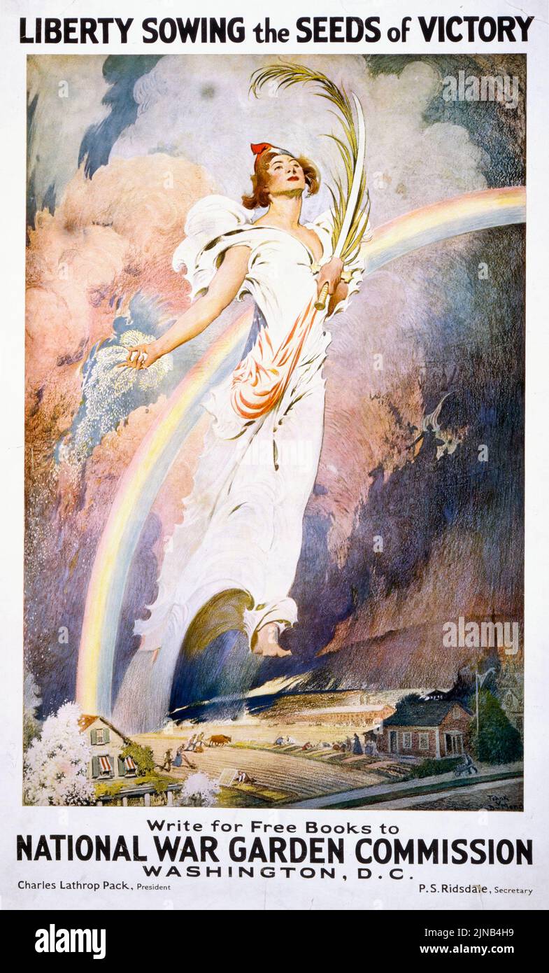 Liberty sowing the seeds of victory, National War Garden Commission (1917) American World War I era poster by Frank Vincent DuMond Stock Photo