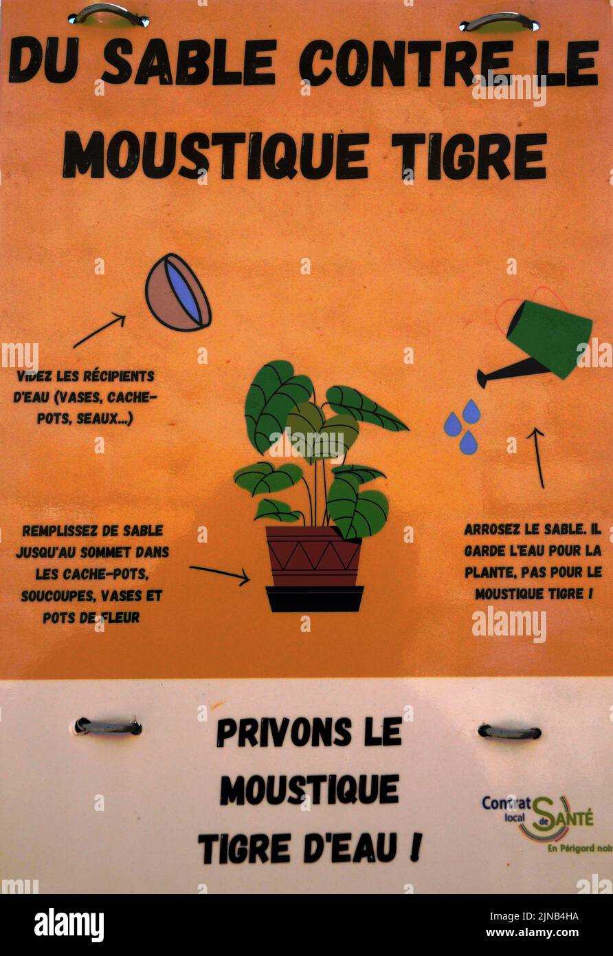 Information posters warning the French people of the dangers of the Tiger Mosquito. It offers advice on control and warns of potential diseases. Stock Photo