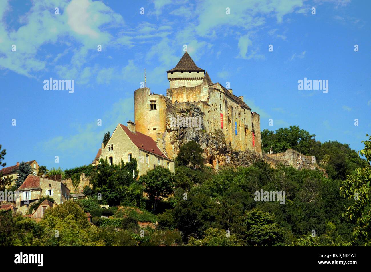 The Chateau de Caslenaud-la-Chapelle overlooks the Dordogne River in the south west of France. It is now privately owned but open to the public. Stock Photo