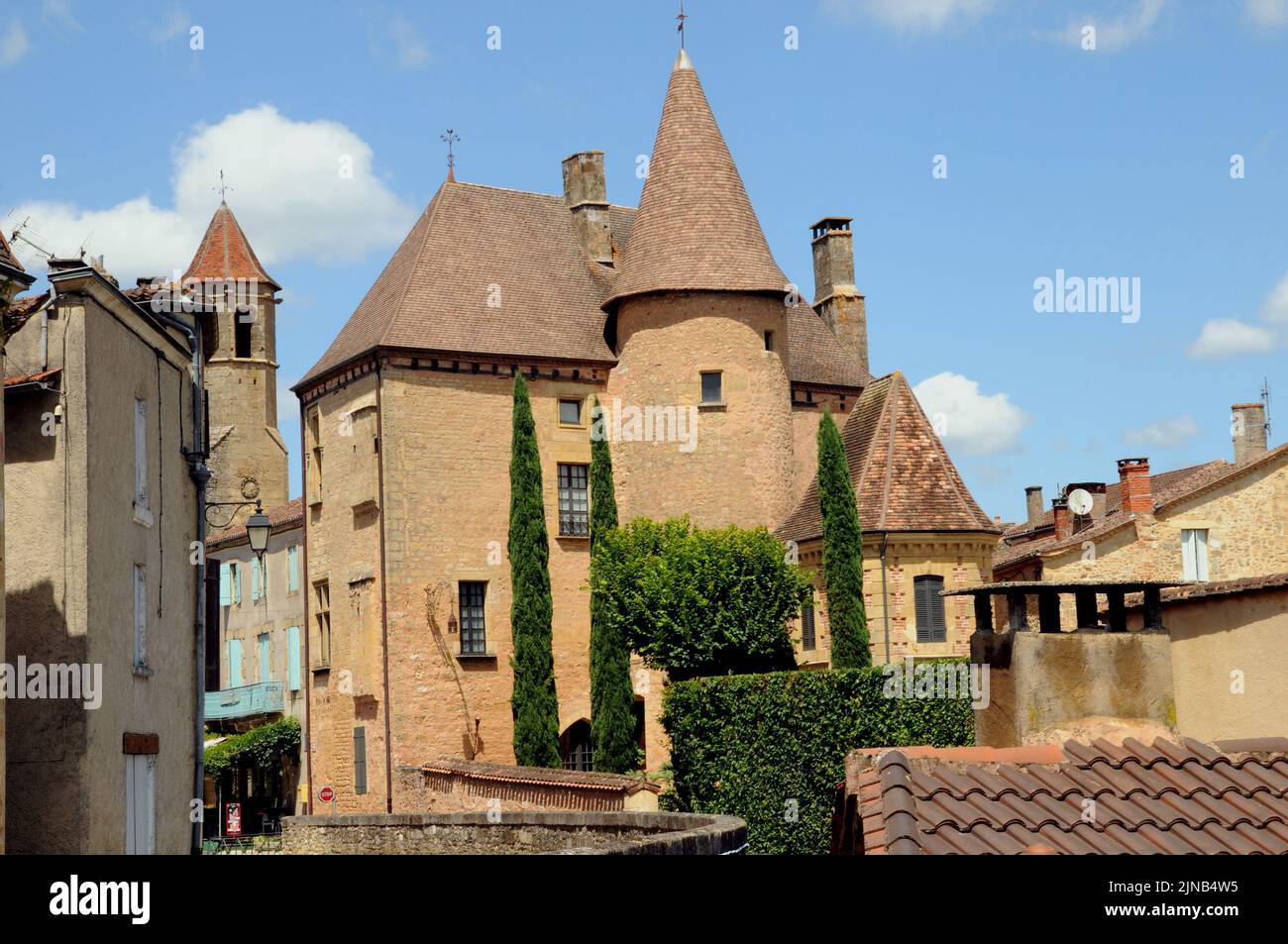 The château at Belvès in the Dordogne region of south west France dates from the 14th century. Unusually it is within the town rather than outside. Stock Photo