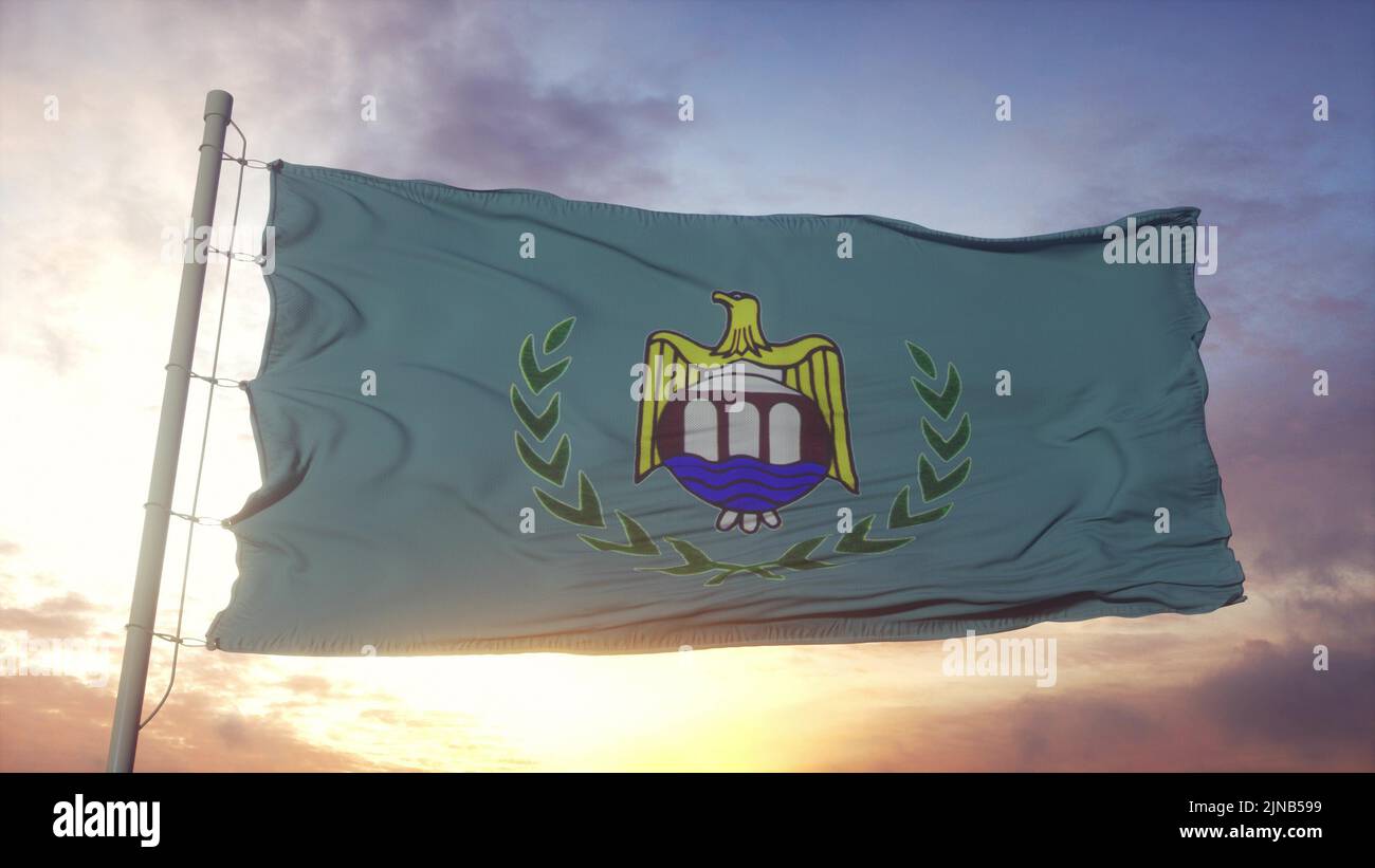 Assiut flag, Egypt, waving in the wind, sky and sun background. 3d illustration Stock Photo