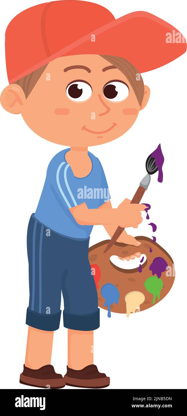 Kid artist character. Cute boy holding pallette and brush Stock Vector ...