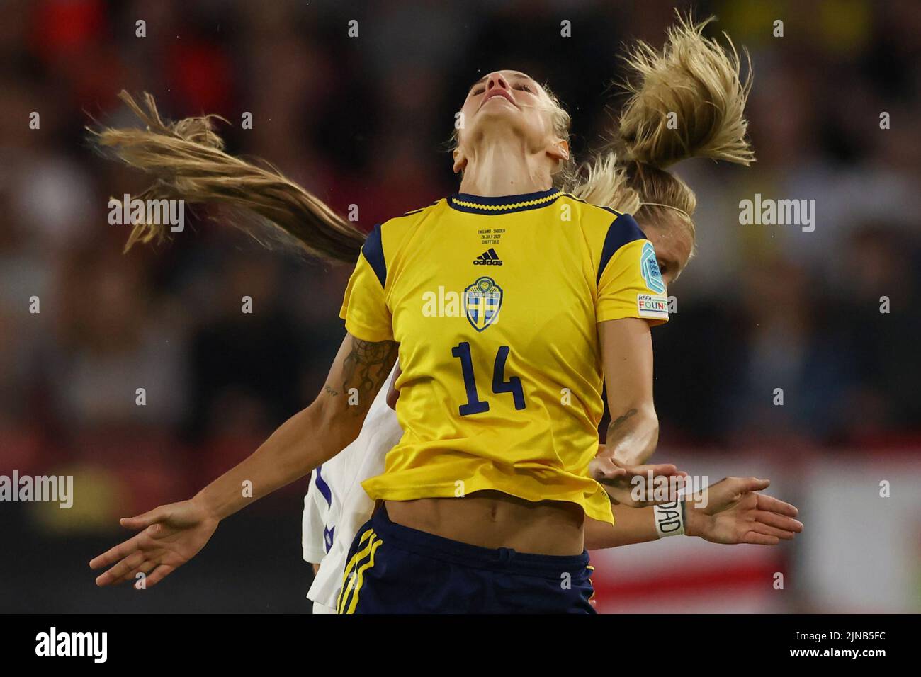 Sheffield, England, 26th July 2022. Nathalie Bjorn of Sweden and Rachel Daly of England clash for an aerial ball during the UEFA Women's European Championship 2022 match at Bramall Lane, Sheffield. Picture credit should read: Jonathan Moscrop / Sportimage Stock Photo
