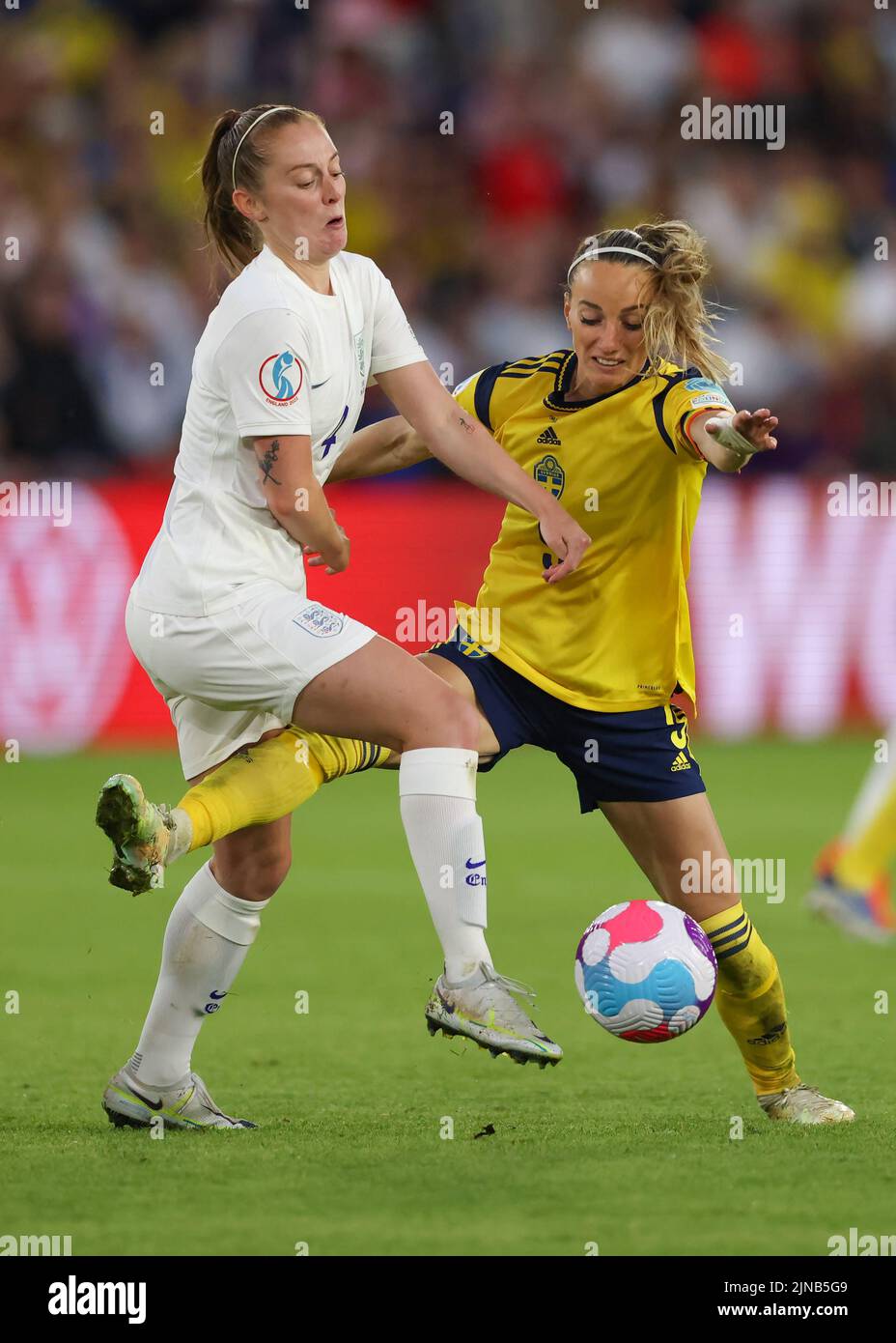 Sheffield, England, 26th July 2022. Keira Walsh of England clashes with Kosovare Asllani of Sweden during the UEFA Women's European Championship 2022 match at Bramall Lane, Sheffield. Picture credit should read: Jonathan Moscrop / Sportimage Stock Photo