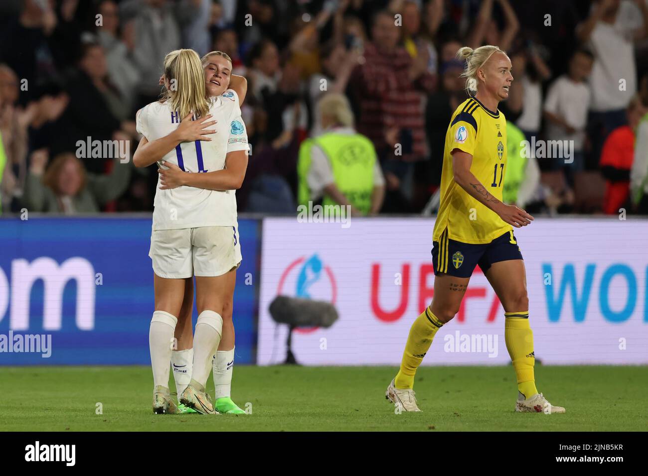 Sheffield, England, 26th July 2022. Caroline Seger of Sweden reacts as Lauren Hemp of England and Alessia Russo of England embrace following the final whistle of the UEFA Women's European Championship 2022 match at Bramall Lane, Sheffield. Picture credit should read: Jonathan Moscrop / Sportimage Stock Photo