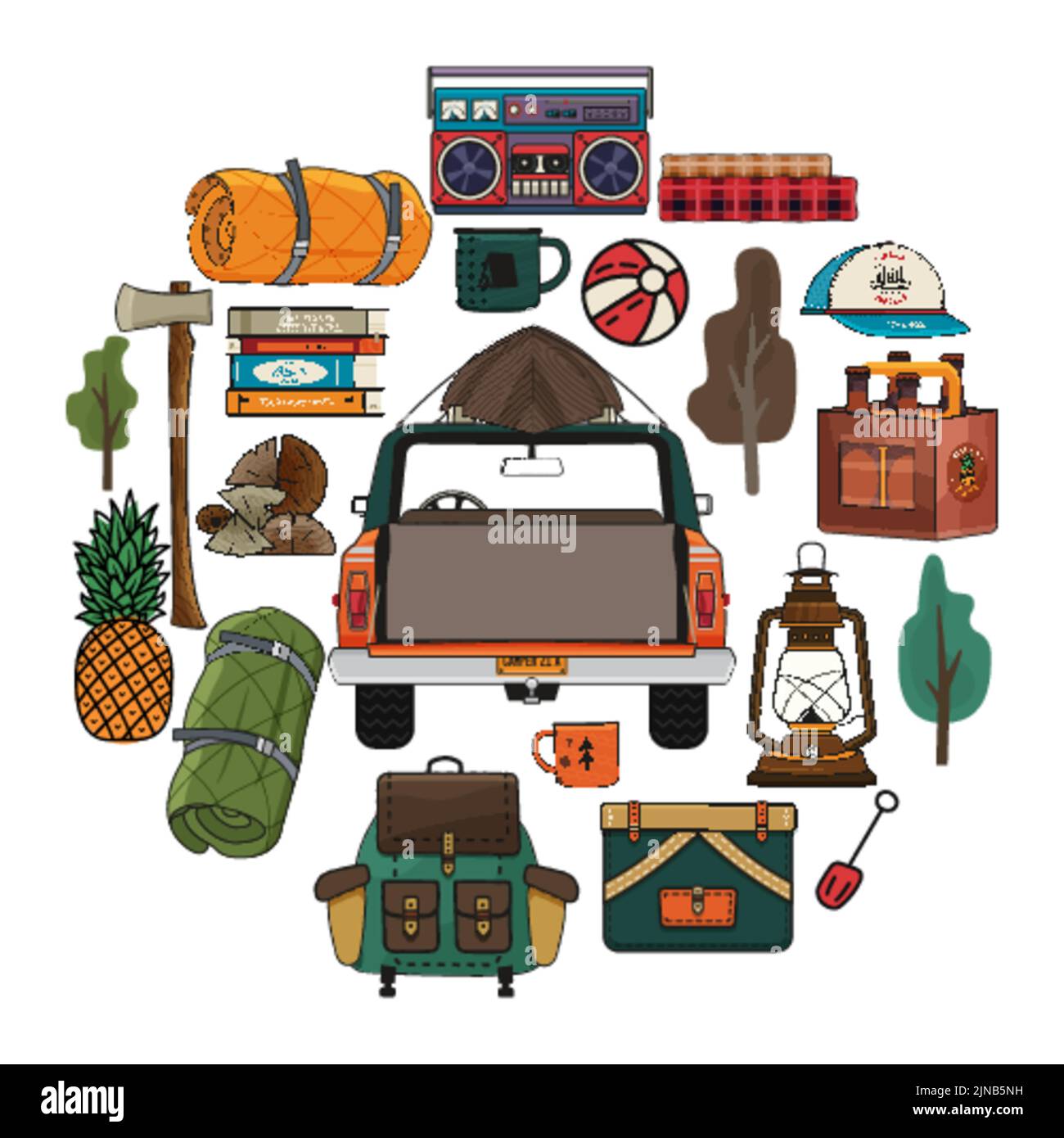 https://c8.alamy.com/comp/2JNB5NH/camping-adventure-clipart-set-in-round-style-summer-hiking-and-outdoors-collection-with-camp-car-backpack-axe-beer-and-other-elements-stock-2JNB5NH.jpg