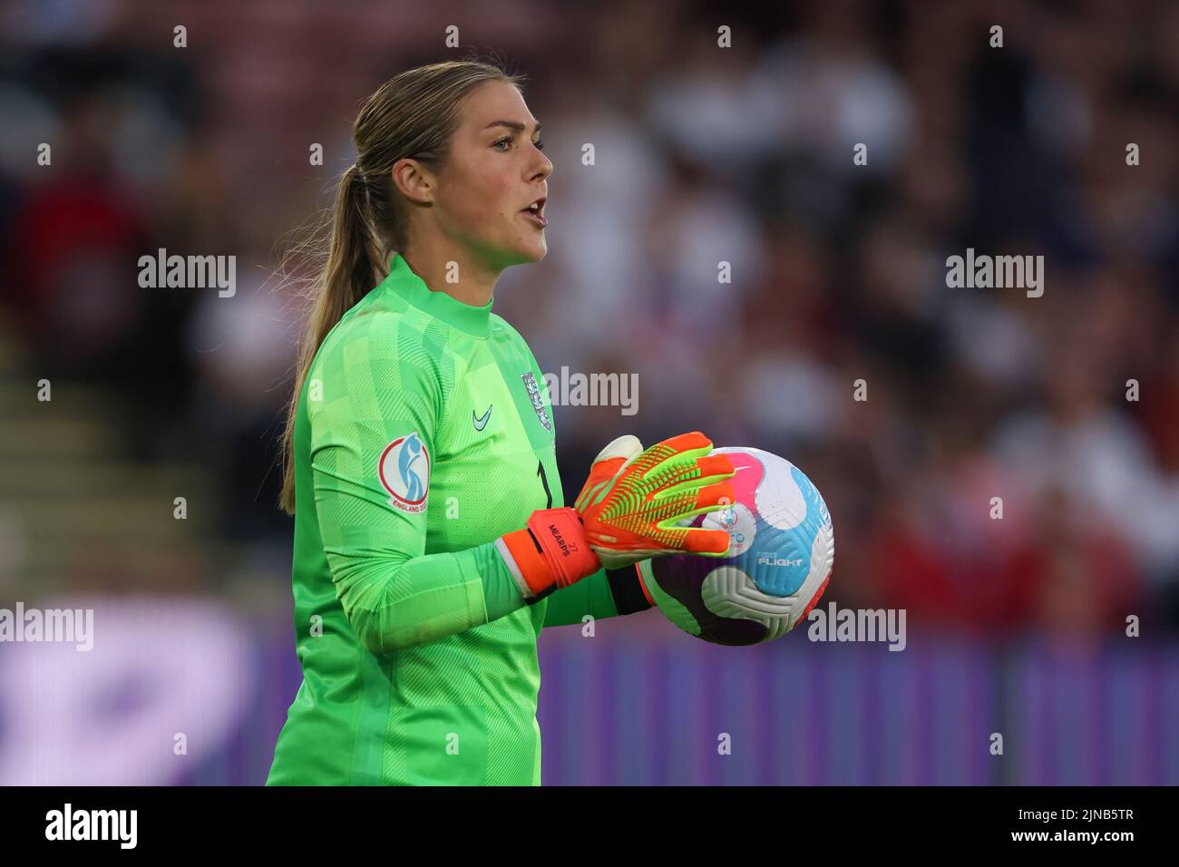 Sheffield, England, 26th July 2022. Mary Earps of England reacts during the UEFA Women's European Championship 2022 match at Bramall Lane, Sheffield. Picture credit should read: Jonathan Moscrop / Sportimage Stock Photo