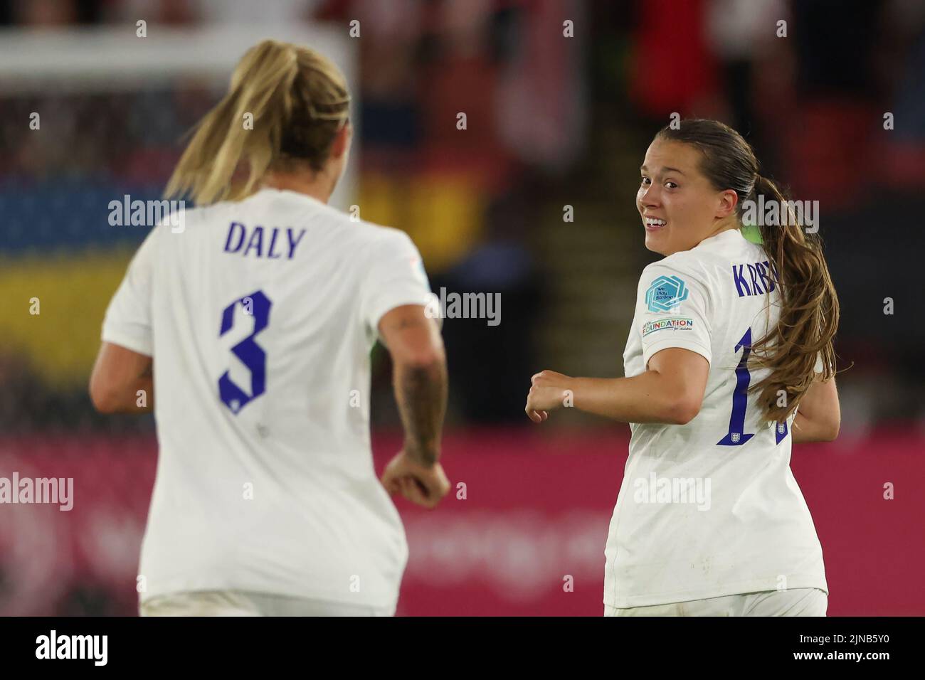 Sheffield, England, 26th July 2022. Fran Kirby of England looks over her shoulder towards team mate Rachel Daly after scoring to give the tie a 4-0 lead during the UEFA Women's European Championship 2022 match at Bramall Lane, Sheffield. Picture credit should read: Jonathan Moscrop / Sportimage Stock Photo
