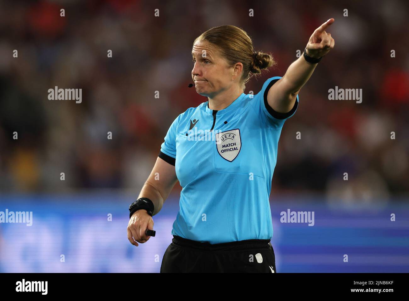 Sheffield, England, 26th July 2022. The referee Esther Staubli of Switzerland reacts during the UEFA Women's European Championship 2022 match at Bramall Lane, Sheffield. Picture credit should read: Jonathan Moscrop / Sportimage Stock Photo