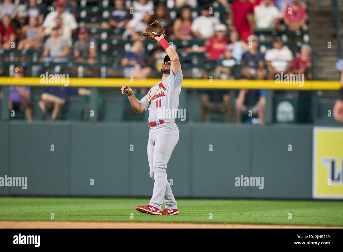 August 9 2022: Saint Louis shortstop Paul DeJong (11) makes a play during the game with Saint Louis Cardinals and Colorado Rockies held at Coors Field in Denver Co. David Seelig/Cal Sport Medi Stock Photo