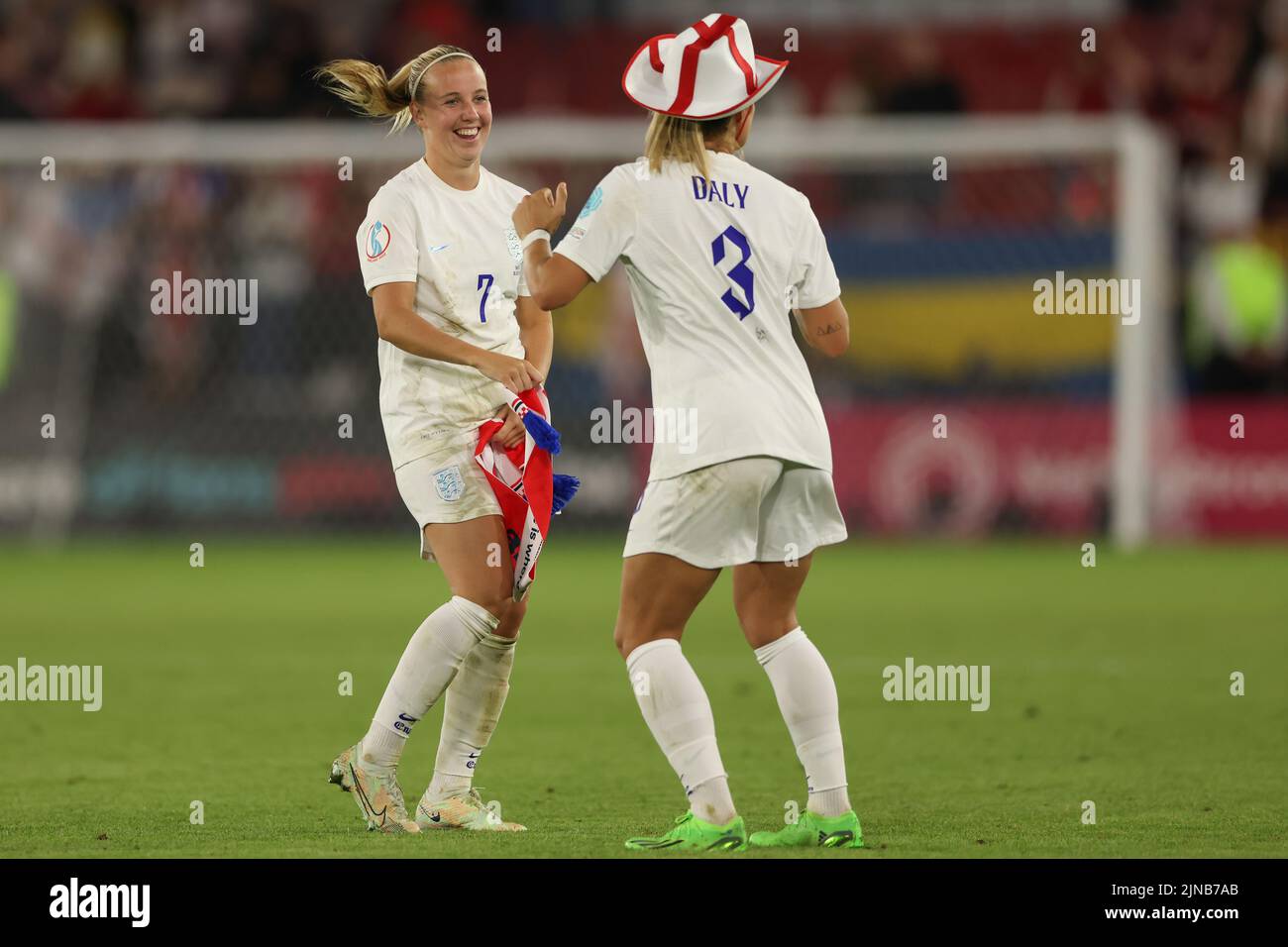 Sheffield, England, 26th July 2022. Beth Mead of England reacts as team mate Rachel Daly dances following the final whistle of the UEFA Women's European Championship 2022 match at Bramall Lane, Sheffield. Picture credit should read: Jonathan Moscrop / Sportimage Stock Photo