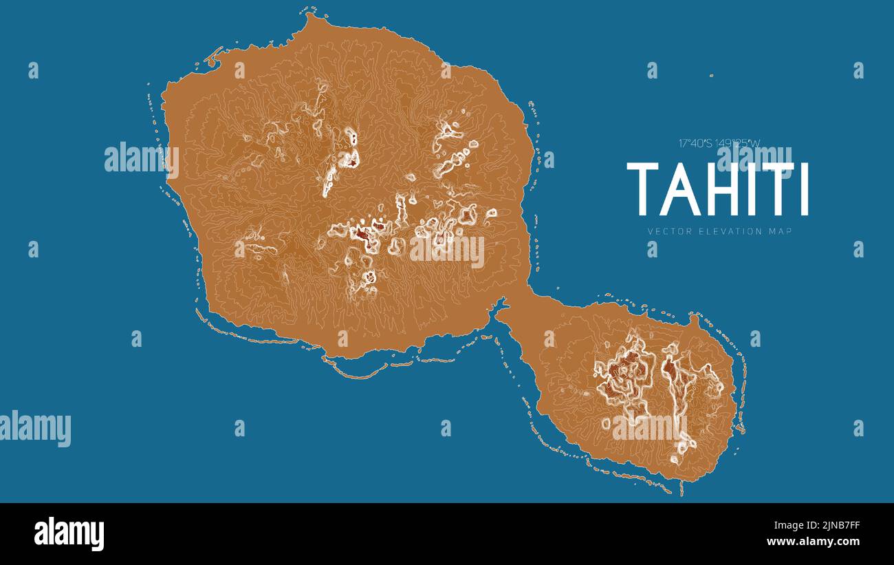Topographic map of Tahiti, Society Islands, French Polynesia, Pacific Ocean. Vector detailed elevation map of island. Geographic elegant landscape Stock Vector