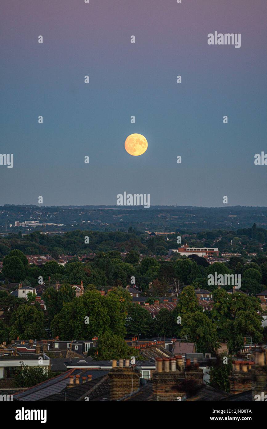 Wimbledon London, UK. 10 August 2022  A  Sturgeon Supermoon the last Supermoon of 2022, named  by The Algonquin tribes of North America  after the abundance of sturgeon in the rivers and lakes at this time of year,  rises above the landscape in Wimbledon south west London at  sunset at the end of a hot day in LondonCredit. amer ghazzal/Alamy Live News Stock Photo