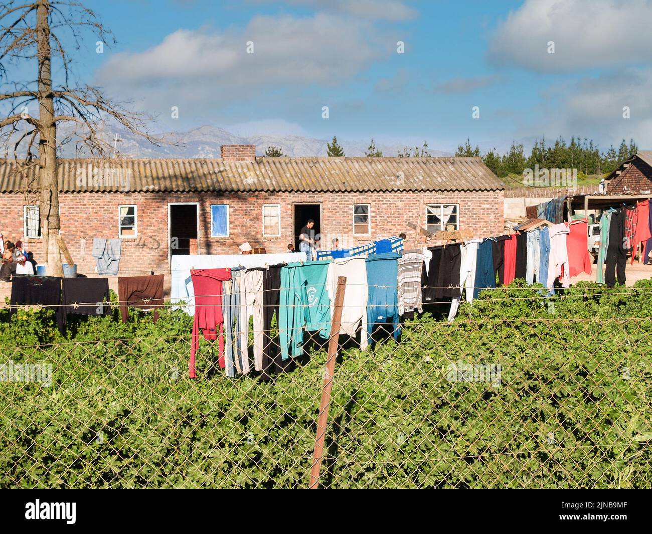 African rural workers cottages, yards and drying washing n sunny day Stock Photo