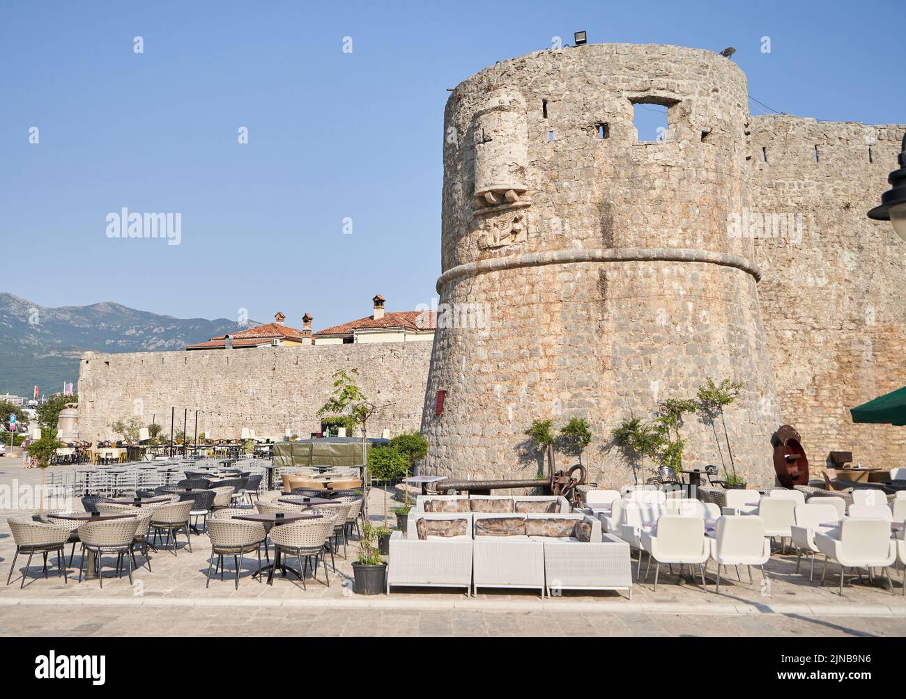 Stone wall citadel in the old town in Budva. Stock Photo
