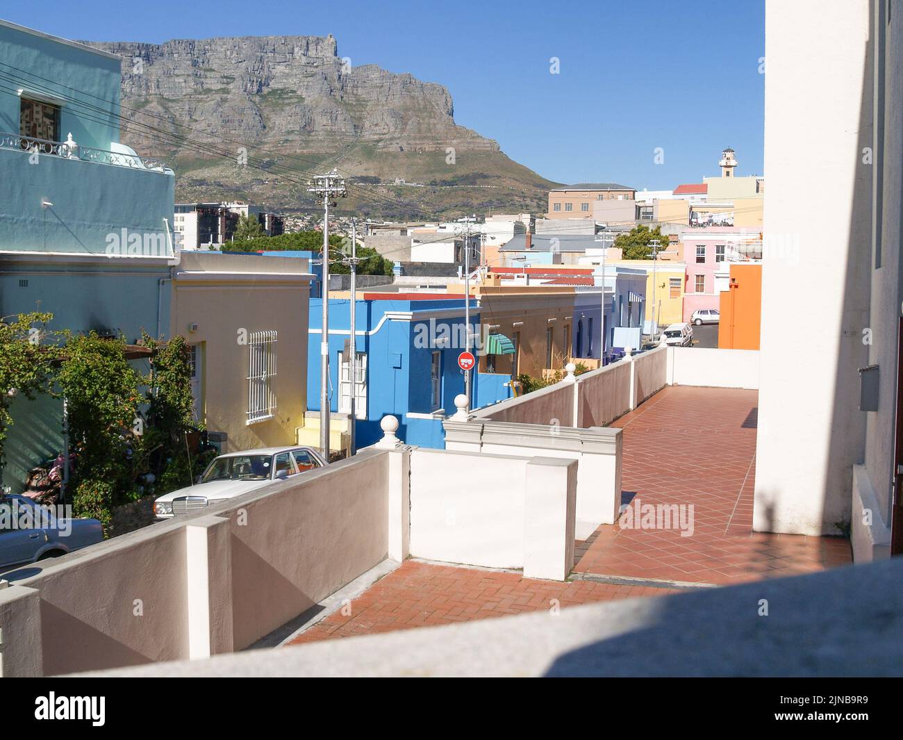 View from Bo-Kaap district to Table Mountain from distinctively colored in Cape Town South Africa. Stock Photo