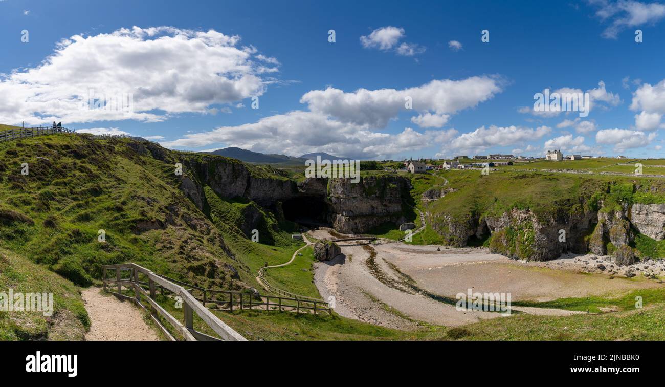 A panorama view of the landmark Smoo Cave on the coast of the northwestern Scottish Higlands Stock Photo