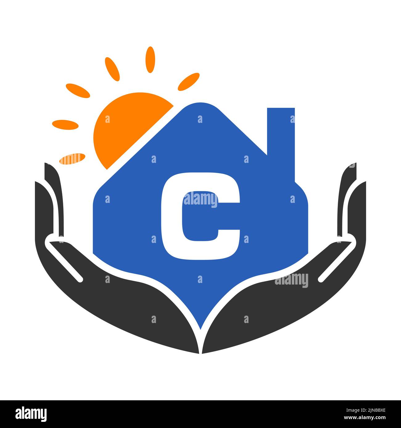 Real Estate Logo On Letter C Sign Concept With Sun House And Hand real-estate-logo-on-letter-c-sign-concept-with-sun-house-and-hand