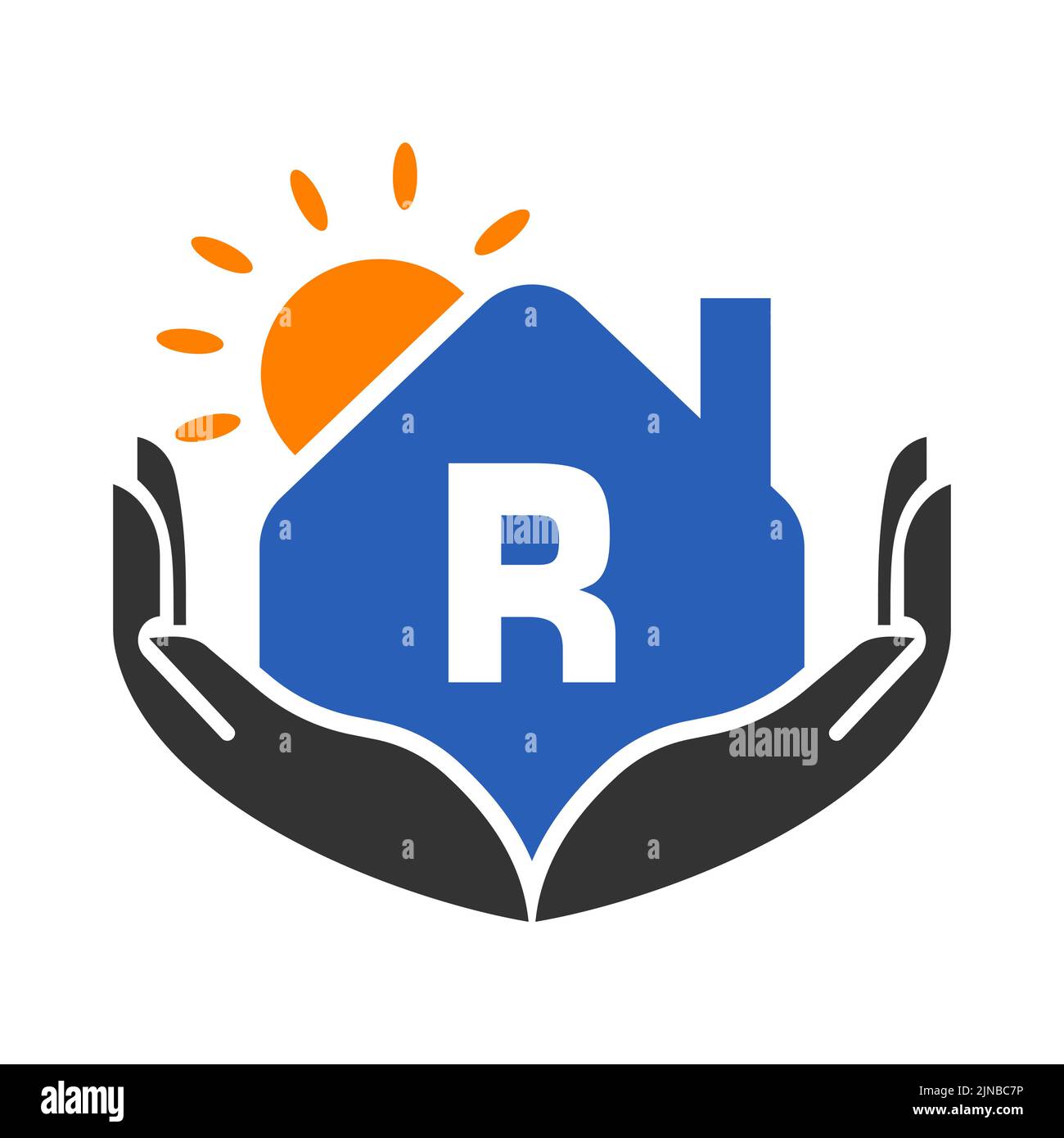 Real Estate Logo On Letter R Sign, Concept with Sun, House and Hand ...