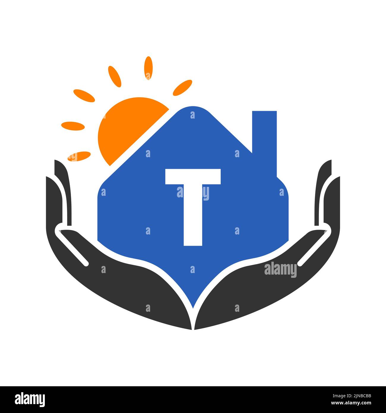 Real Estate Logo On Letter T Sign, Concept with Sun, House and Hand ...