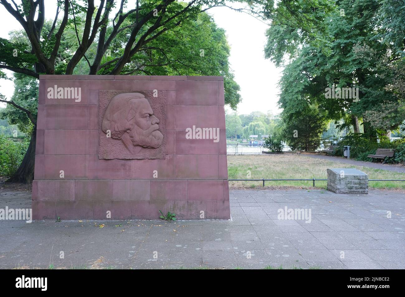Berlin, Germany, July 21, 2022, Karl Marx memorial in Alt Stralau with sandstone relief. Stock Photo
