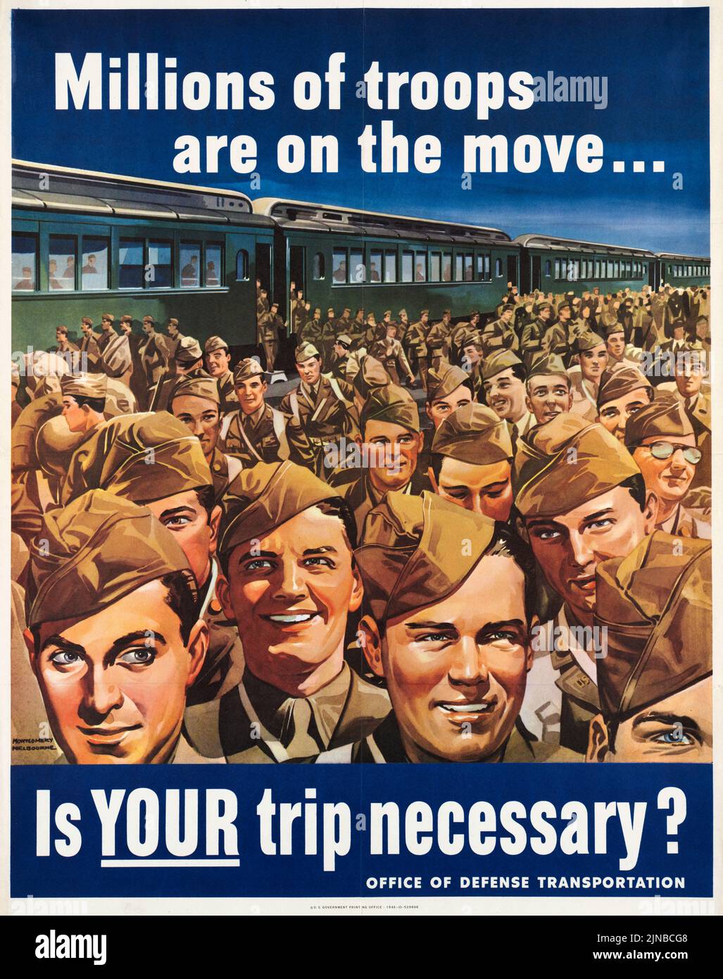 Millions of troops are on the move, is your trip necessary? Office of Defense Transportation (1943) American World War II era poster by Montgomery Melbourne Stock Photo