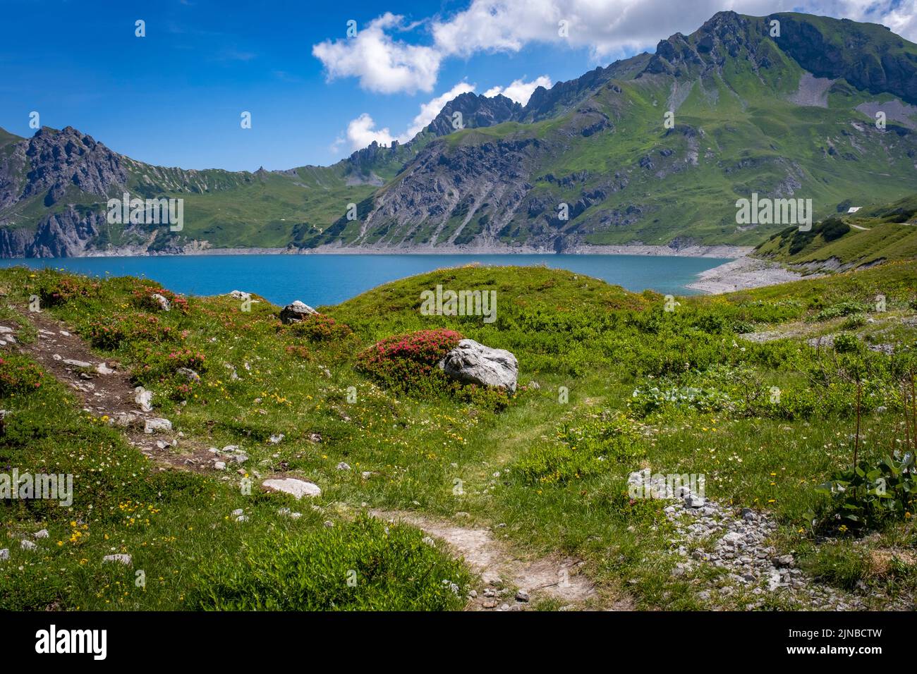hiking path around the Luenersee in Vorarlberg, Austria Stock Photo